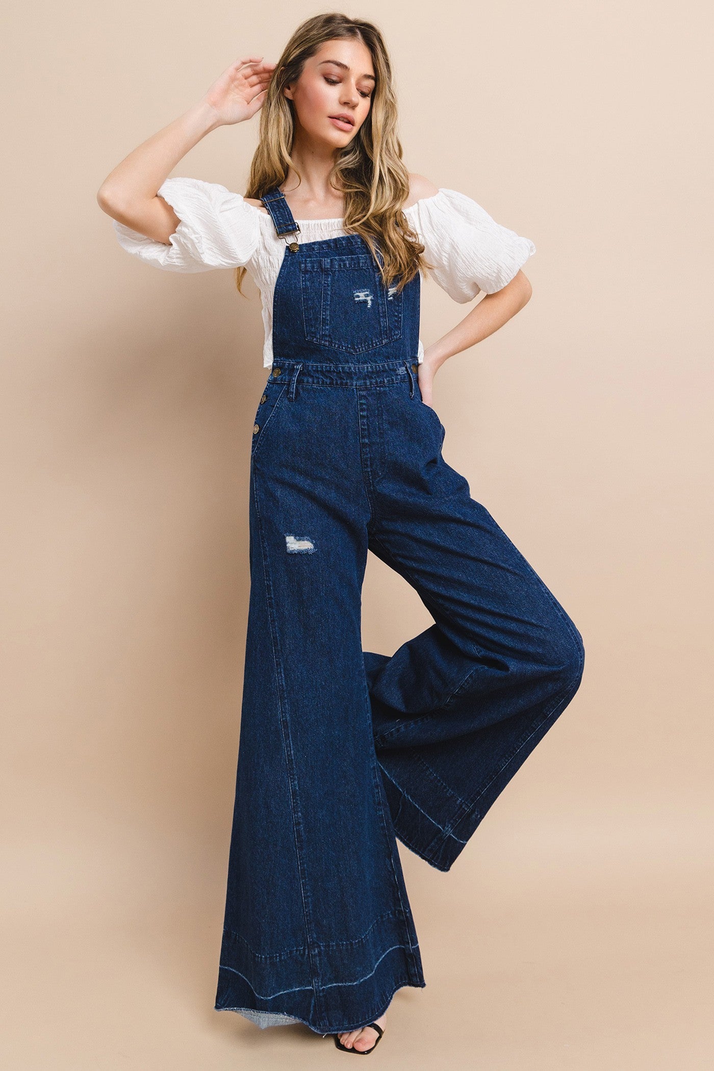 Wide Leg Distressed Denim Overalls