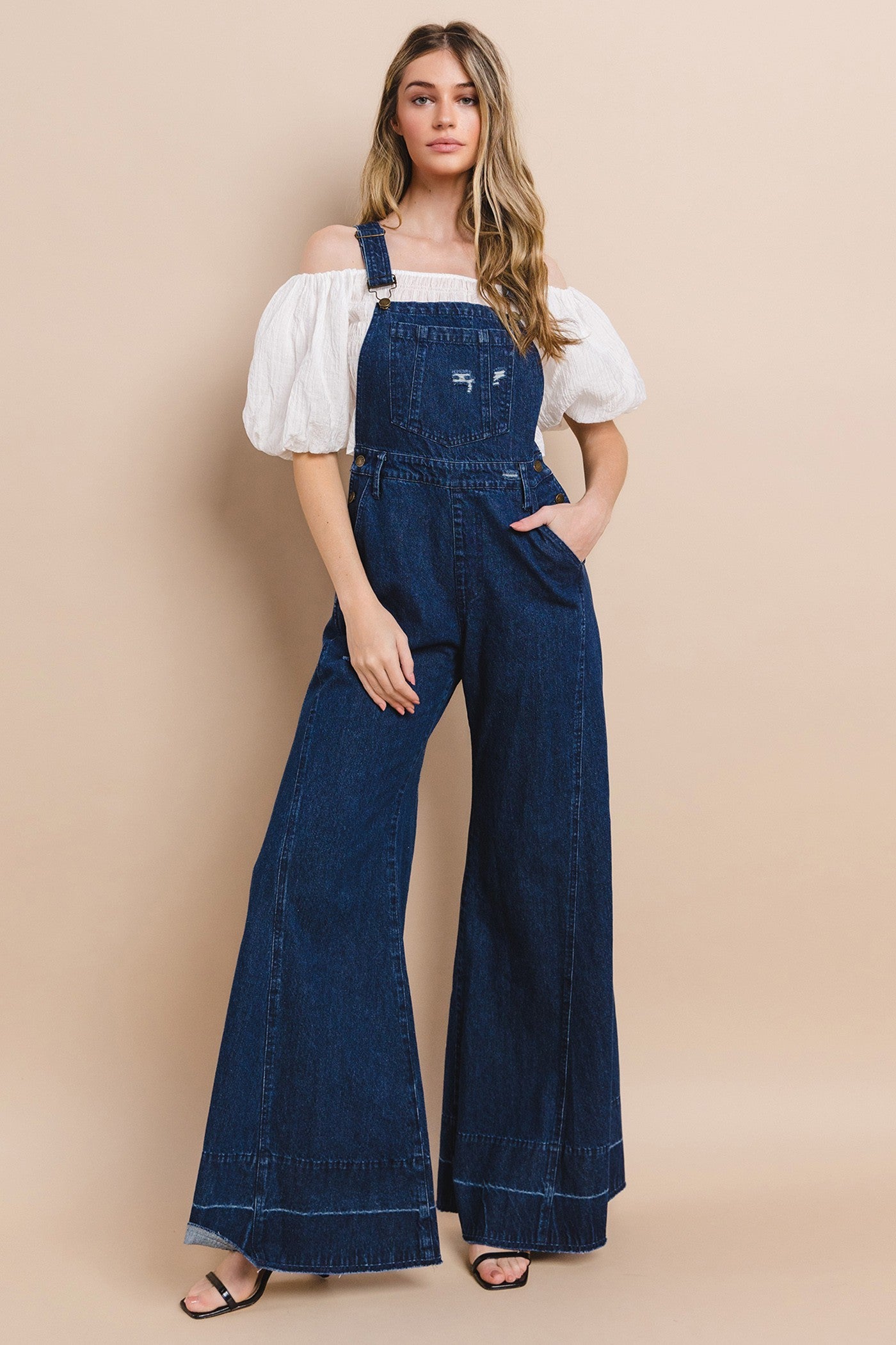 Wide Leg Distressed Denim Overalls