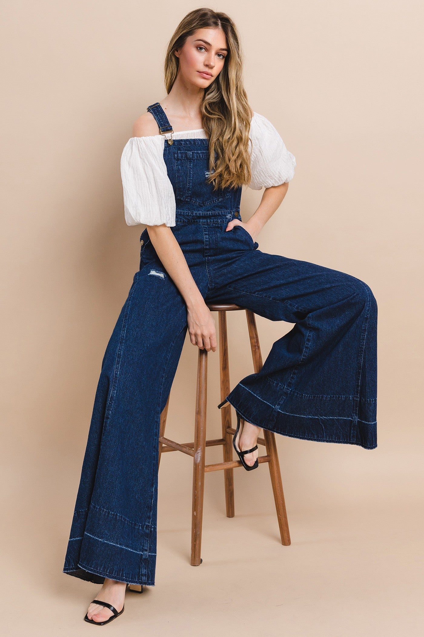 Wide Leg Distressed Denim Overalls