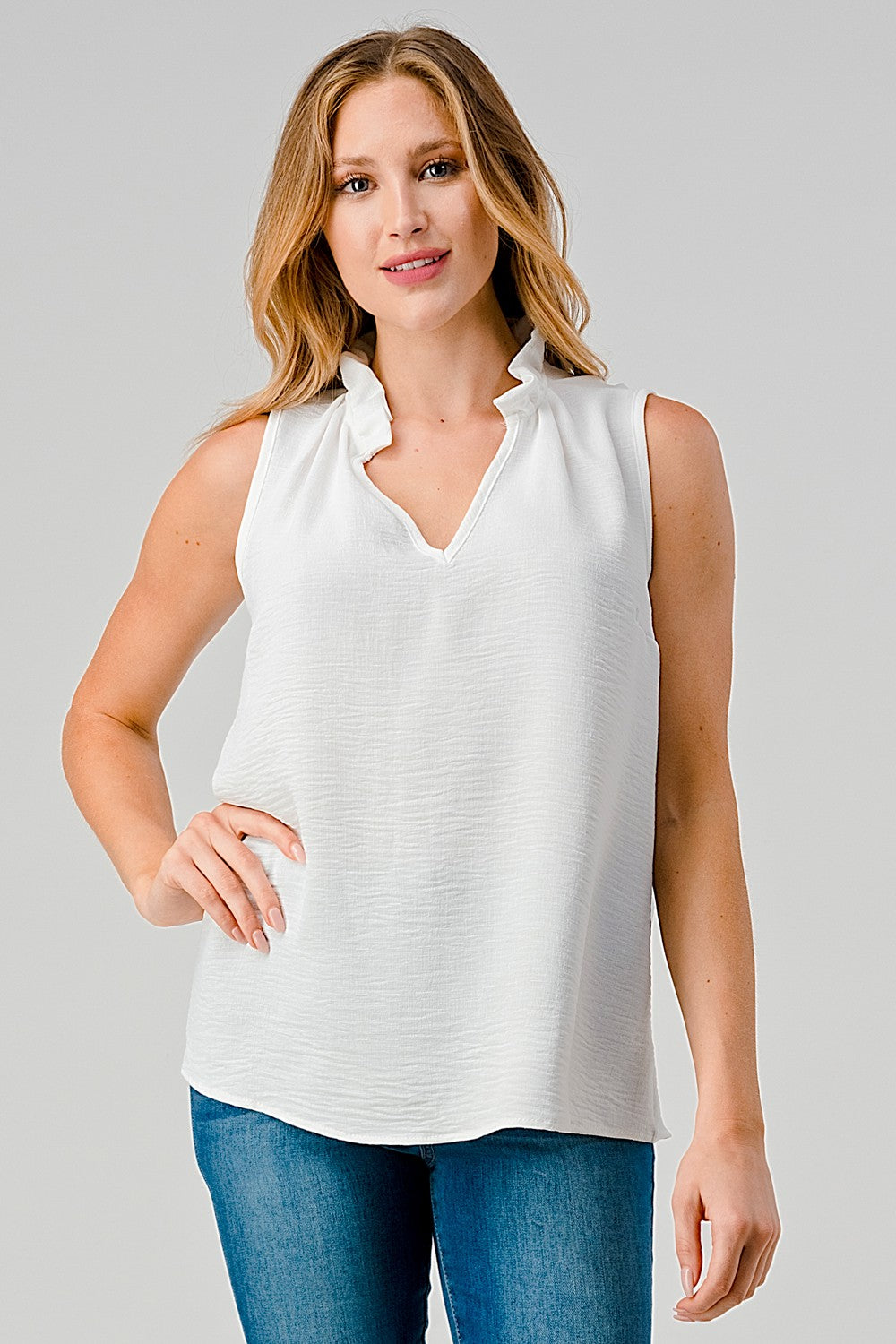 Sleeveless Top with Ruffle Collar