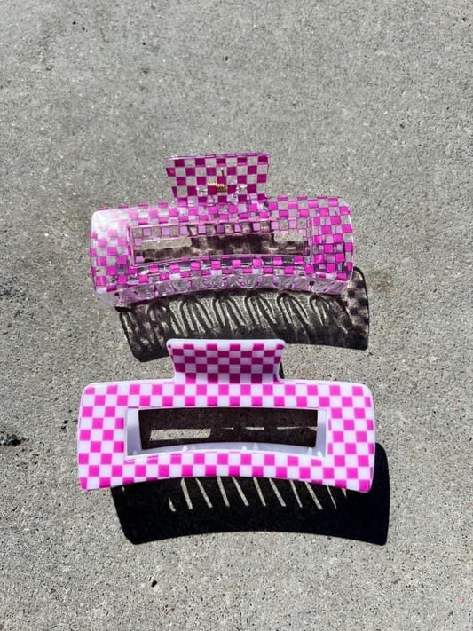 Pink Checkered Hair Claw Set